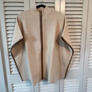 Chicos S/M Beige Zip-Up poncho cape style sweater with faux leather edging